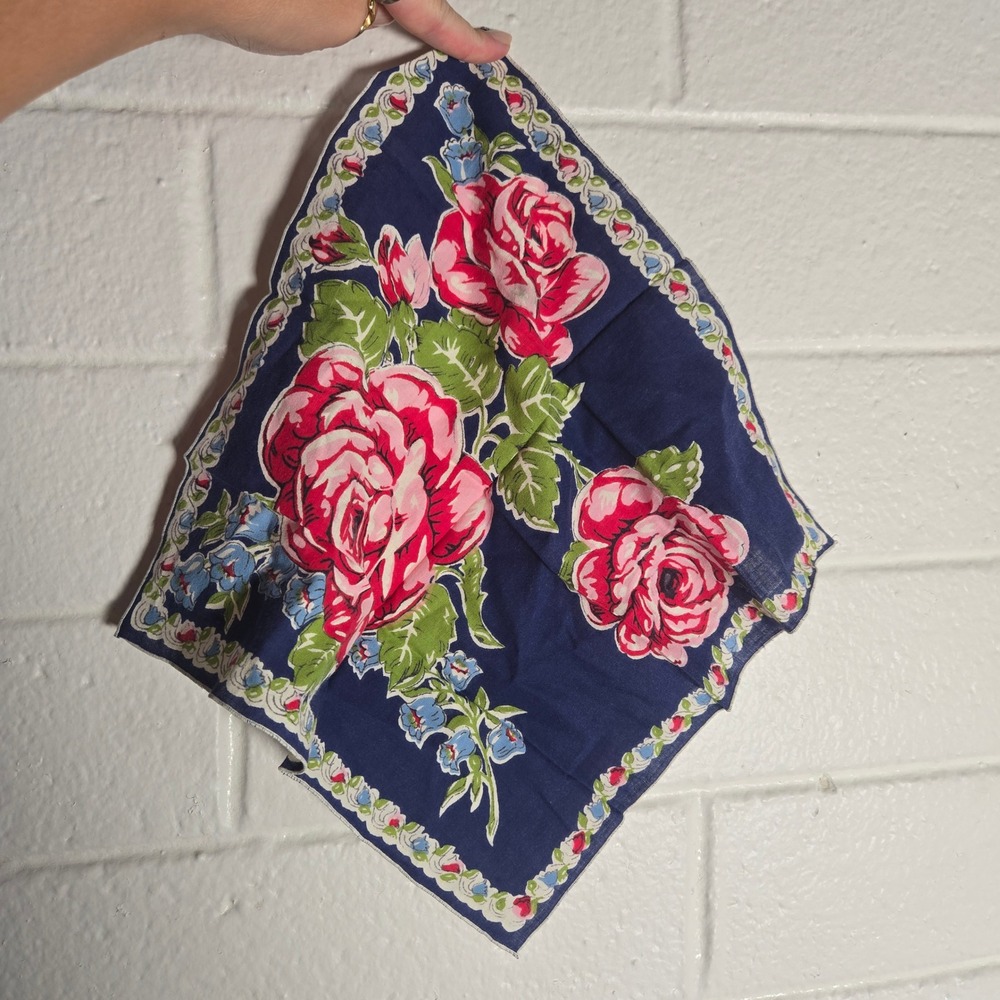 Vtg Dainty Womens Handkerchief Floral Rose Cotton Pocket Square Granny Cottage